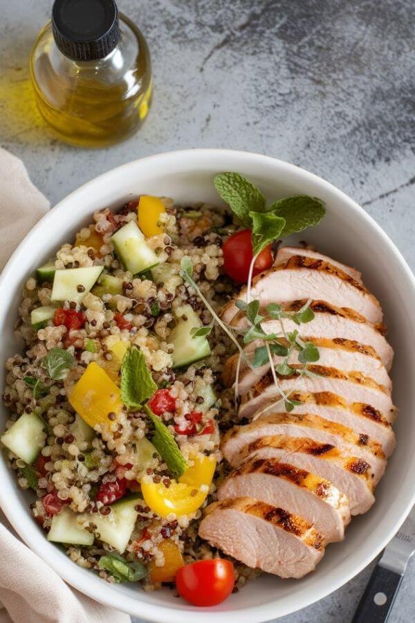 A vibrant, colorful salad in a white bowl with golden slices of grilled chicken neatly arranged on top WITH  quinoa. The greens should look fresh and crisp, with pops of red from cherry tomatoes, green from cucumber, and purple from red onion. A small glass jar of lemon vinaigrette sits nearby, with a slice of lemon beside it. The scene is bright and fresh, suggesting a healthy and satisfying meal.