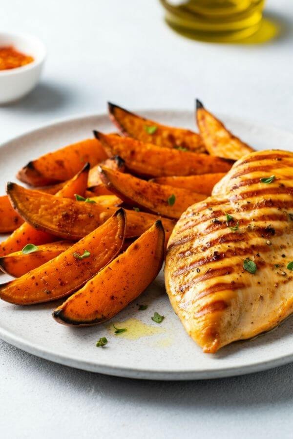 A vibrant food photo of grilled chicken and roasted sweet potato wedges plated together. The chicken should appear golden brown with grill marks, garnished with a sprinkle of herbs. The sweet potatoes should look caramelized with crispy edges, seasoned with paprika and pepper. The plate is set on a white table, with soft natural lighting highlighting the textures and colors of the dish. A small bowl of olive oil and a sprinkle of paprika can be visible in the background for added context.