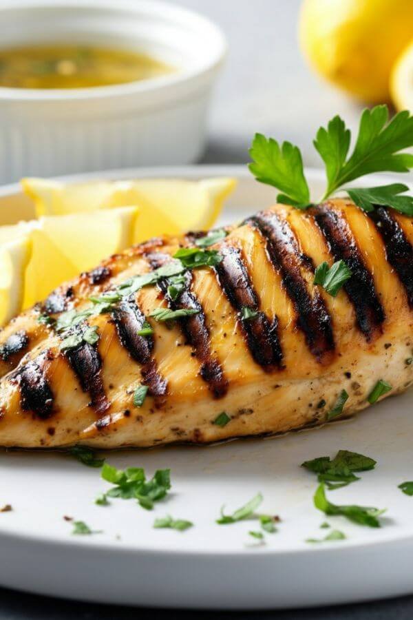 A perfectly grilled chicken breast with visible char marks, garnished with fresh parsley and lemon wedges on the side. The chicken is plated on a white plate, accompanied by a small bowl of the lemon herb marinade for added freshness. The setting is bright and natural, with hints of a summery outdoor vibe.