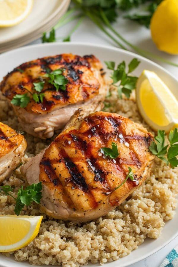 A vibrant plate featuring golden, juicy boneless chicken thighs with grill marks, resting on a bed of fluffy quinoa. Garnish with fresh parsley and lemon wedges on the side, with a drizzle of olive oil glistening in the light. A white table setup with fresh herbs and lemons in the background.