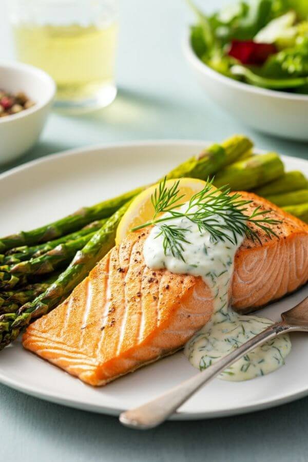 A beautifully plated grilled salmon fillet with a drizzle of creamy lemon dill sauce, garnished with fresh dill and lemon wedges. Serve alongside vibrant, grilled asparagus and a crisp side salad for a fresh and appetizing look.