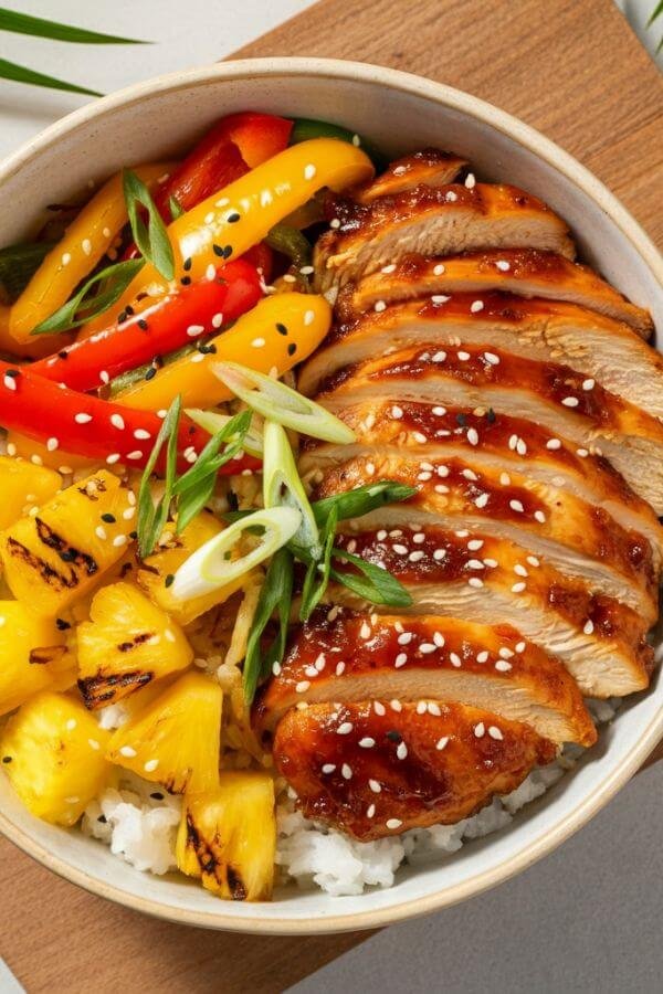 A beautifully arranged bowl with fluffy coconut jasmine rice as the base, topped with slices of glazed BBQ chicken, golden grilled pineapple chunks, and colorful sautéed red and yellow bell peppers. Garnished with sesame seeds and green onion slices, with a light tropical backdrop of palm leaves or wooden textures.