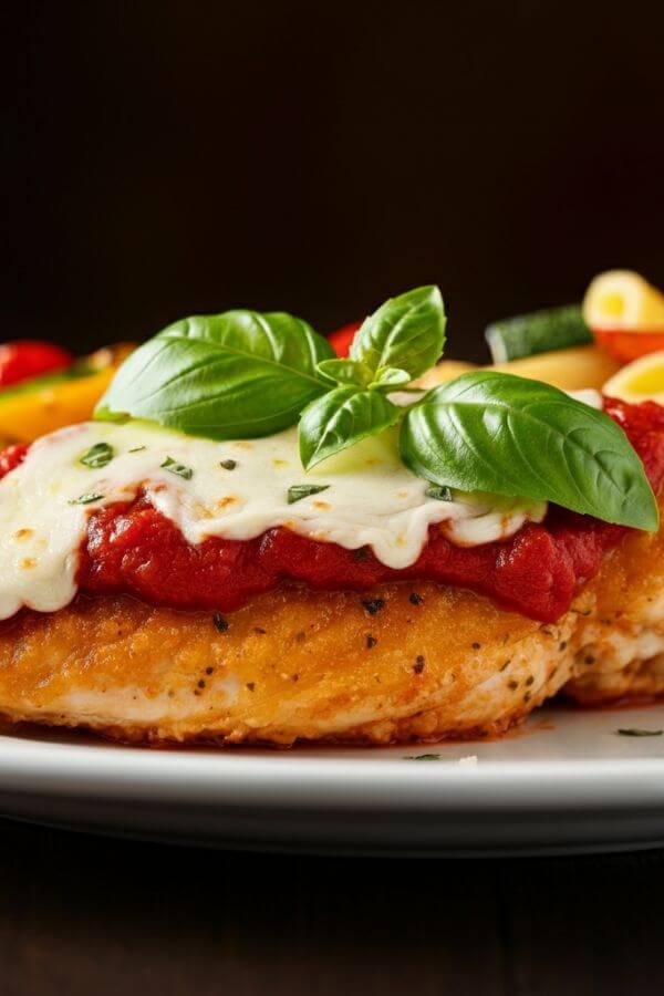 A golden, crispy chicken breast topped with vibrant marinara sauce and melted mozzarella cheese, garnished with fresh basil and served on a white plate with a side of roasted vegetables or pasta.