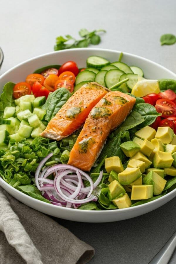 A vibrant bowl of salmon salad served in a large, white dish. The salad features vibrant greens, golden and flaky pink salmon, creamy avocado slices, bright halved cherry tomatoes, thin cucumber slices, and slivers of red onion, drizzled with a glossy lemon herb dressing. The salad is styled on a wooden table with a light napkin, surrounded by fresh herbs, a lemon wedge, and a fork for an inviting, fresh, and wholesome aesthetic. the background is light
