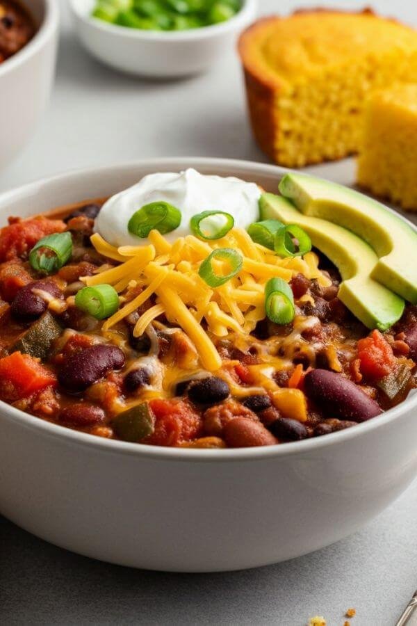 A steaming bowl of vibrant veggie chili, garnished with shredded cheese, a dollop of sour cream, and sliced avocado. Place it on a white table with a side of golden cornbread, a sprinkle of green onions, and a spoon resting beside the bowl.