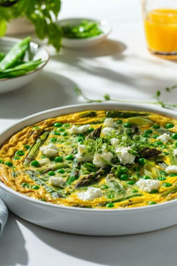 A golden-brown frittata in a white dish, with vibrant green asparagus, peas, and leeks peeking through the eggs. Garnished with fresh herbs and crumbled goat cheese on top, set on a white table with a side of fresh herbs and a glass of orange juice.