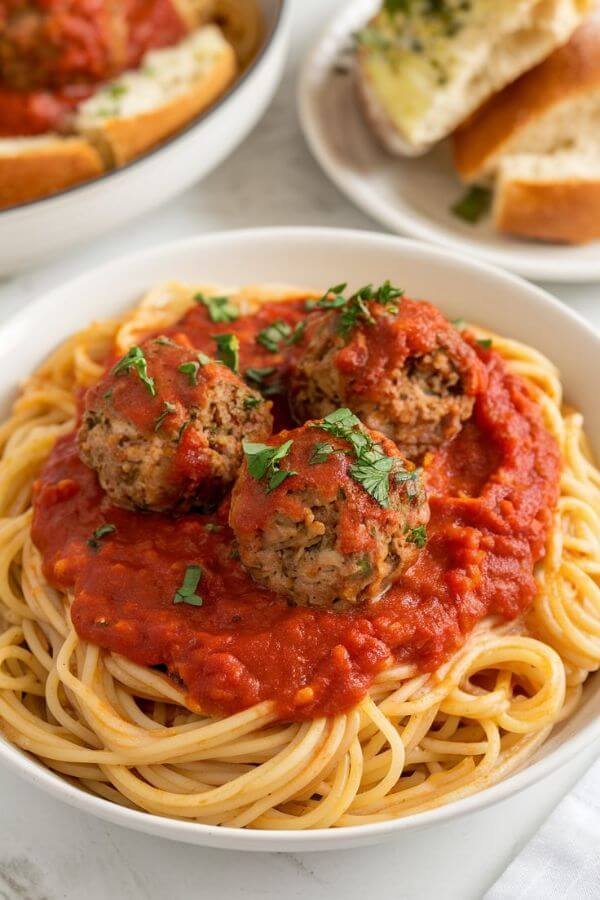 A bowl of steaming high-protein spaghetti topped with juicy turkey meatballs, all smothered in rich marinara sauce, garnished with fresh parsley or basil, and served on a WHITE table with a side of garlic bread.