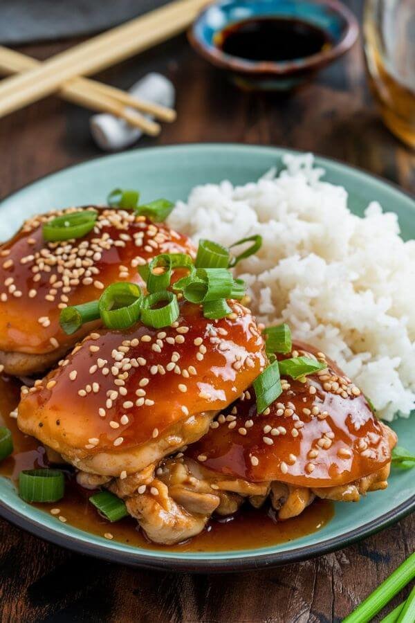 A plate of honey garlic chicken thighs glazed with a shiny, golden sauce. The dish is topped with sesame seeds and freshly chopped scallions, served alongside a bowl of steamed white rice. The background has a rustic wooden table setting with chopsticks and a soy sauce dish for an Asian-inspired vibe.