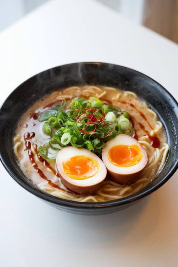 A steaming bowl of ramen in a white bowl, topped with a perfectly halved soft-boiled egg, vibrant green scallion slices, and a glistening drizzle of chili oil, placed on a white table