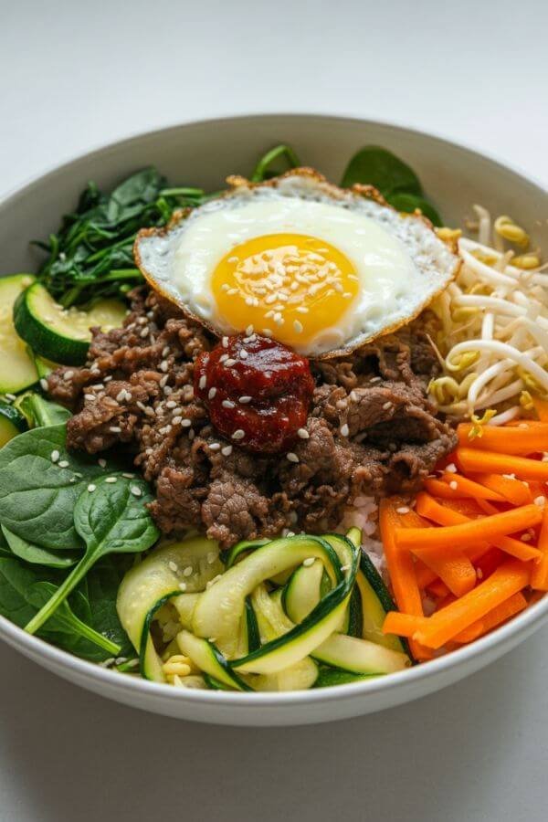 A vibrant rice bowl with neatly arranged sections of colorful vegetables (spinach, carrots, zucchini, and bean sprouts), bulgogi beef, and a fried egg on top, with a small dollop of red gochujang sauce. The bowl is garnished with sesame seeds and set on a white table.