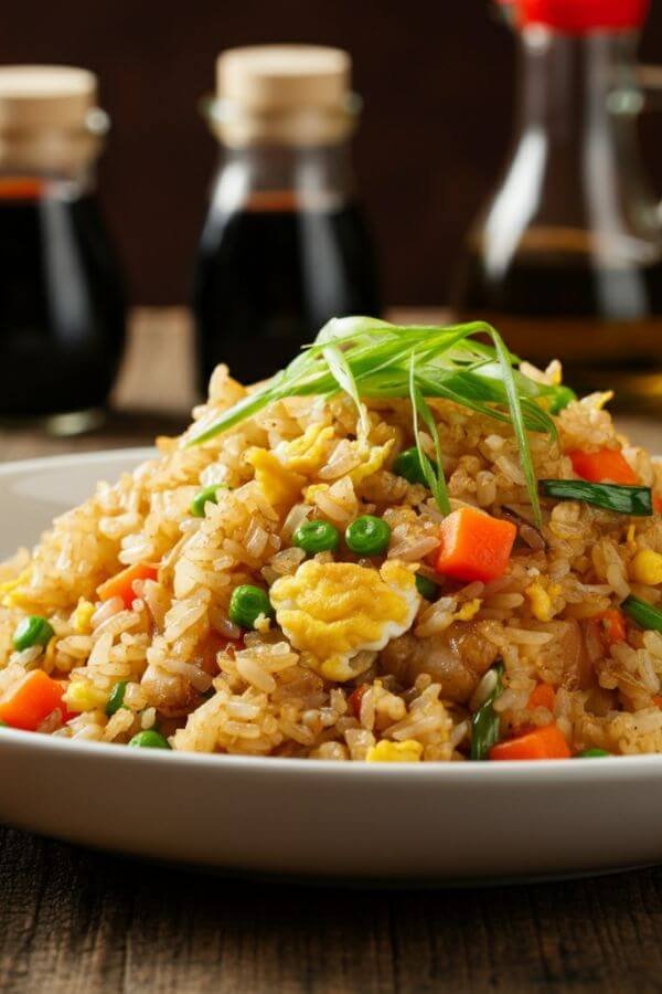 A close-up of a vibrant plate of fried rice, garnished with fresh scallions, served in a white bowl with chopsticks on the side and small soy sauce and sesame oil bottles in the light background.