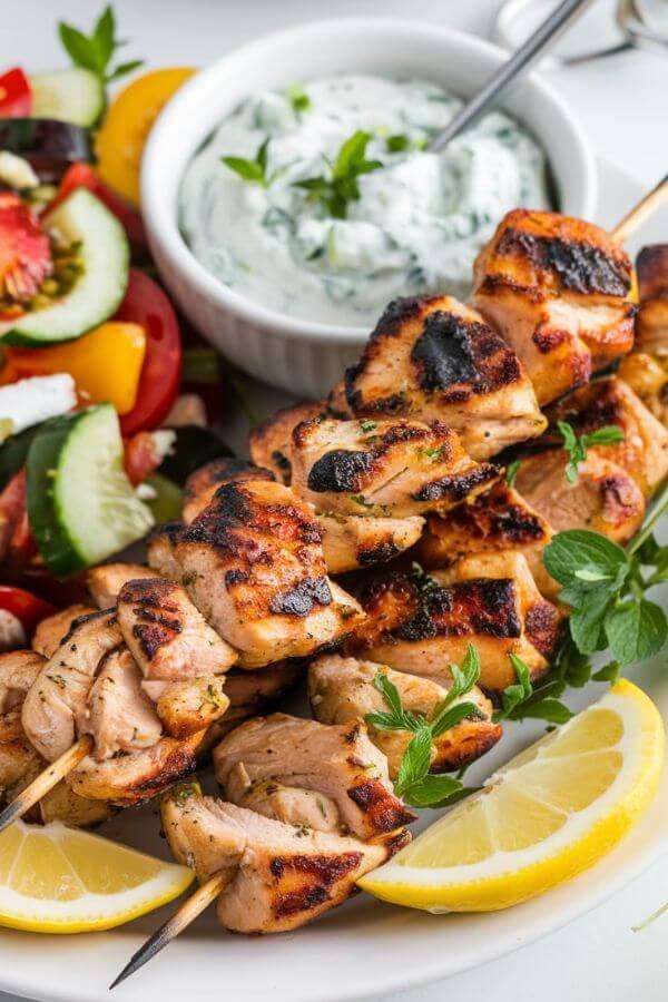 A vibrant, close look photo of grilled chicken skewers on a white plate, garnished with lemon slices and fresh herbs, accompanied by a bowl of tzatziki and a colorful side salad. The skewers should appear golden and slightly charred for a delicious, appetizing look.