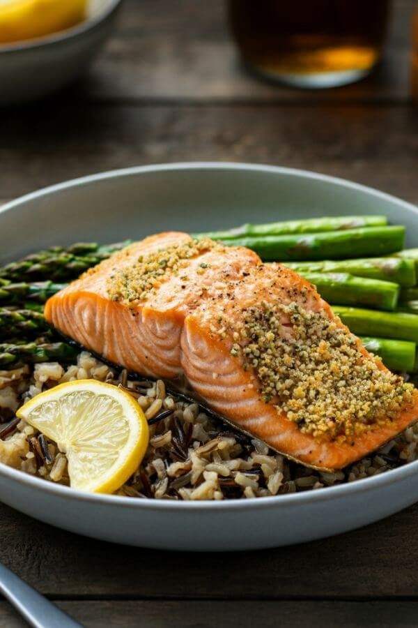 A vibrant bowl featuring a perfectly roasted salmon fillet with a golden crust, nestled on a bed of steaming wild rice. Bright green asparagus spears are gently charred, and the entire dish is garnished with fresh lemon slices and a sprinkle of herbs.