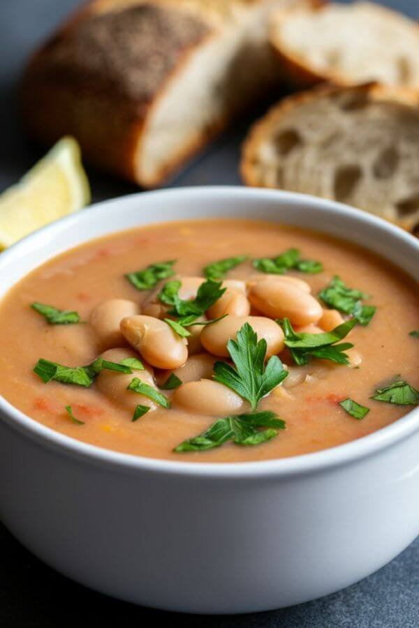 A white bowl of white bean soup with lemon slices on the side, fresh parsley sprinkled on top, and rustic bread in the background. The soup has a light, creamy texture with visible beans and a touch of tomato if included.