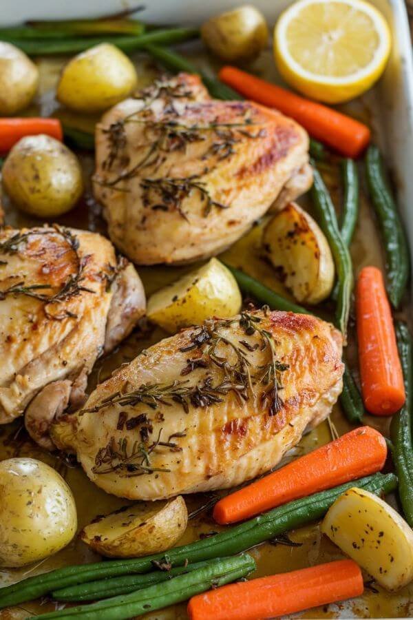 Show a vibrant of white sheet pan filled with golden-brown chicken, roasted baby potatoes, green beans, and carrots, all glistening with a lemony herb marinade. Add a sliced lemon on the side for extra zest appeal!