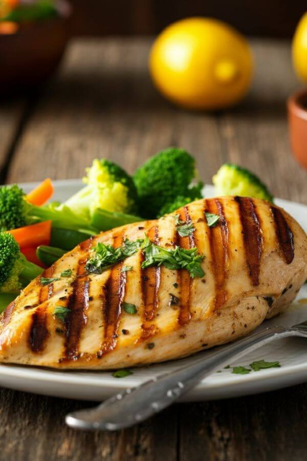 A beautifully grilled chicken breast with golden char marks, garnished with fresh herbs and served alongside colorful steamed vegetables on a white plate. The dish is presented on a rustic wooden table with lemon slices and a small bowl of marinade in the background.