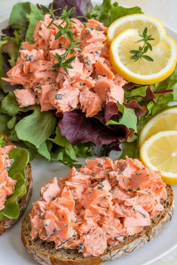 A bright, fresh plate featuring a bed of mixed greens topped with the canned salmon salad, garnished with lemon slices and sprigs of fresh herbs. Alternatively, show the salmon mixture spread on rustic whole-grain bread with a side of greens.