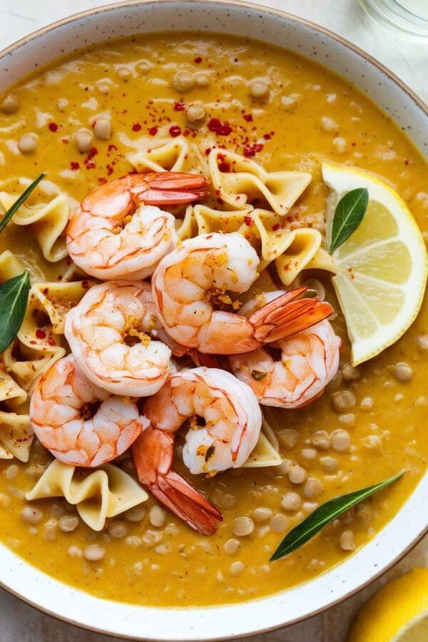 A vibrant GOLDEN CREAMY plate of lentil WITH pasta topped with golden garlic shrimp, garnished with a sprinkle of red pepper flakes and a wedge of lemon on the side. The dish is served on a clean white plate with a light, fresh background.