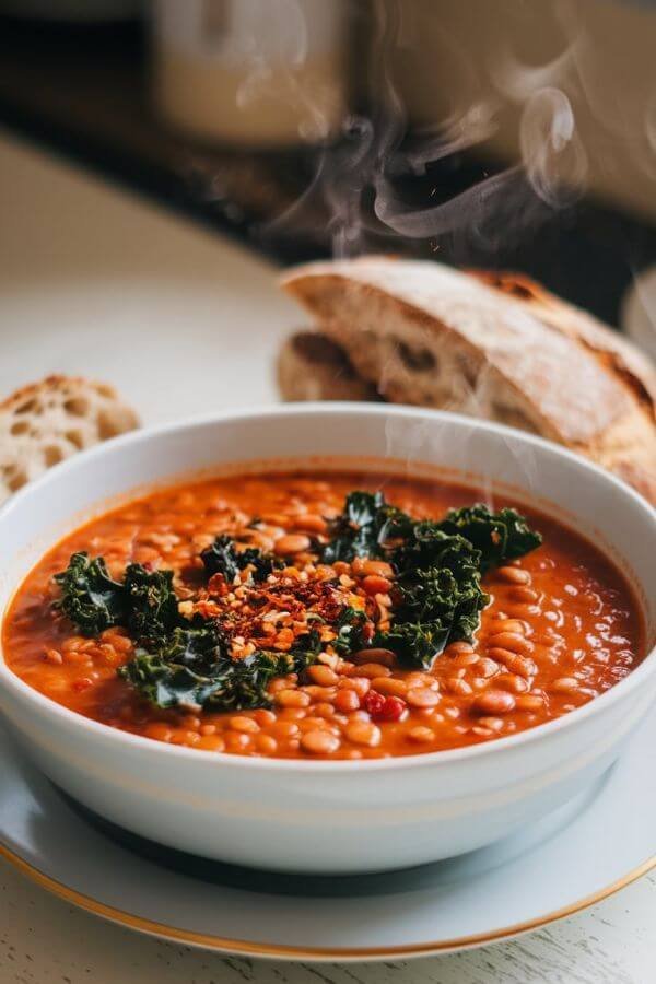 A steaming bowl of vibrant red soup with tender lentils and dark green kale leaves, garnished with a sprinkle of chili flakes. Set on a white  table with a side of crusty bread.