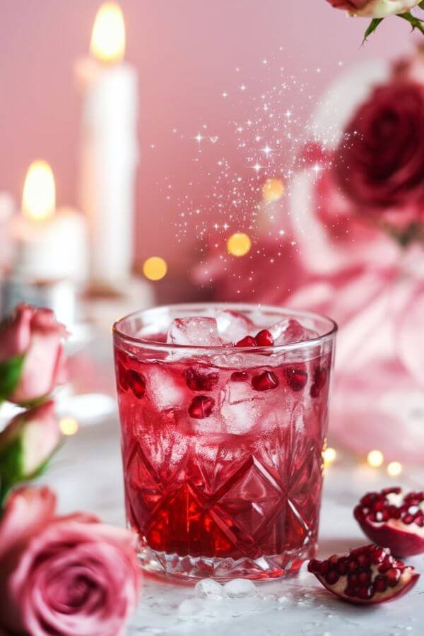 A bright, enchanting cocktail served in a clear glass full of crushed ice. The drink has a deep red hue with pomegranate seeds floating on top. A gentle sparkle from the soda water catches the light, and the glass is framed by a romantic Valentine’s theme—roses, candles, or a soft pink background.