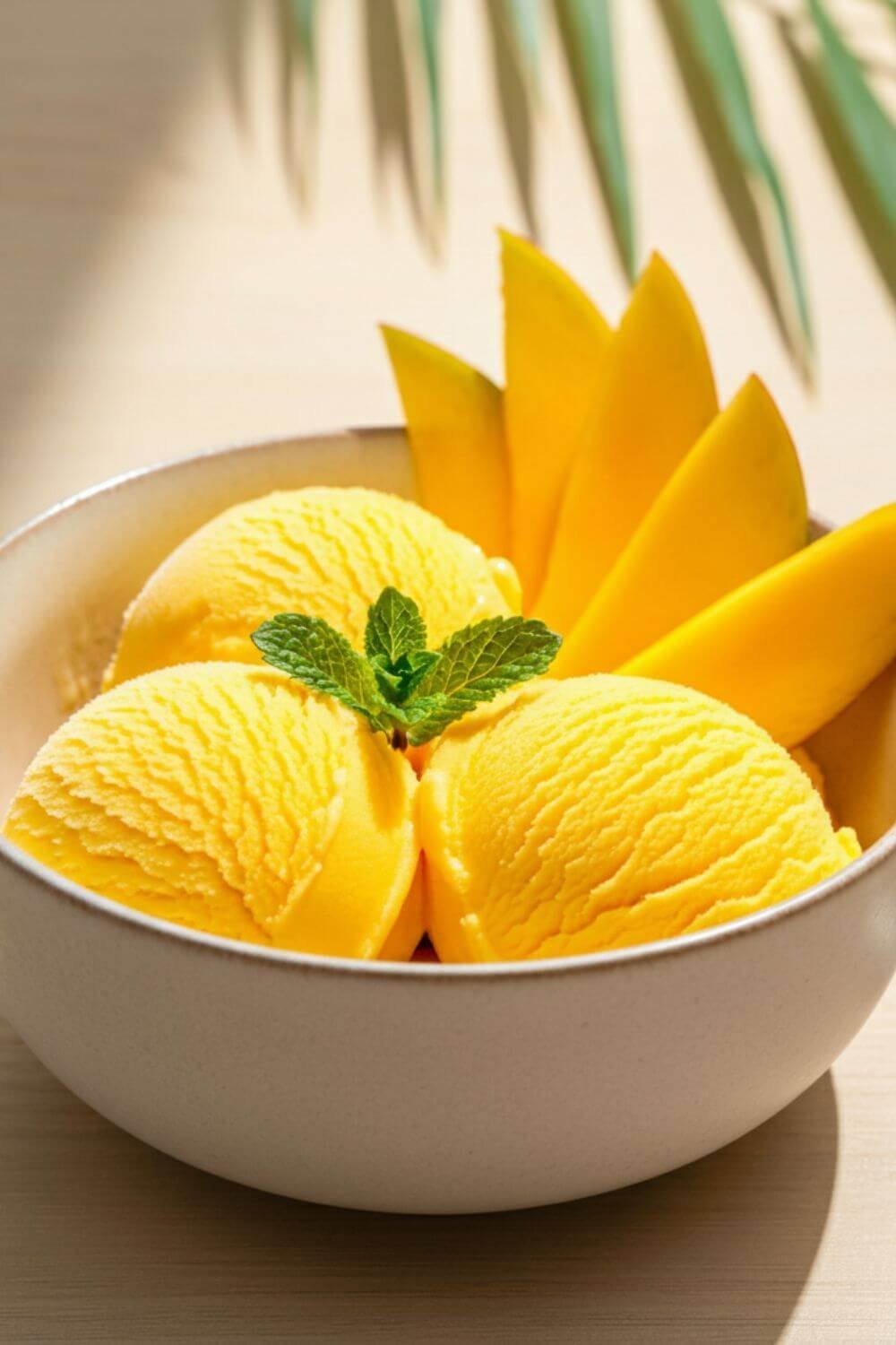 A bowl of vibrant mango ice cream, garnished with fresh mango slices and a sprig of mint, sitting on a light wooden table with tropical accents.