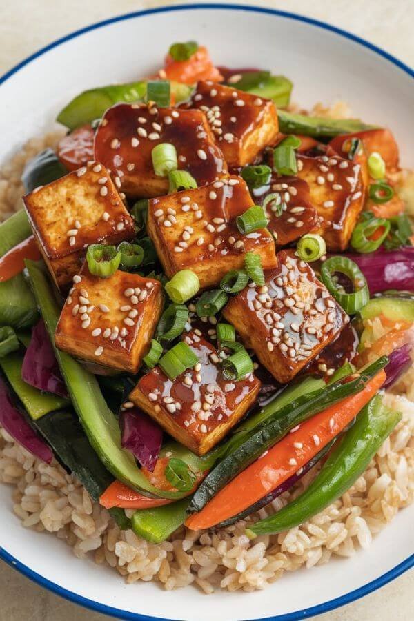 A vibrant plate of crispy tofu cubes nestled among colorful sautéed vegetables, all glazed in a glossy soy-based sauce. Served over a bed of fluffy brown rice, with a sprinkle of sesame seeds and chopped scallions on top.