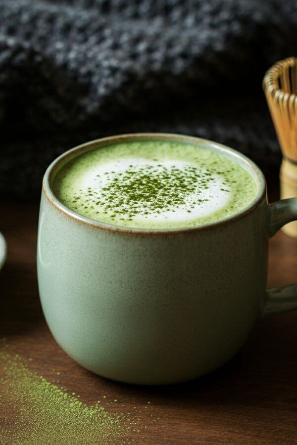 A steaming cup of Matcha Green Tea Latte in a slight green mug, with a sprinkle of matcha powder on top. The cup is placed on a wooden table next to a small bowl of matcha powder, a whisk, and a cozy knit blanket in the background. Soft, natural lighting enhances the vibrant green color of the latte.