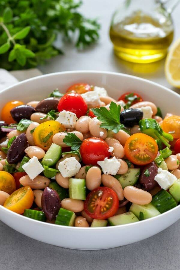 A vibrant Mediterranean bean salad served in a white bowl. The salad features colorful cherry tomatoes, crunchy cucumber, sliced Kalamata olives, and crumbled feta, garnished with fresh parsley. The dish is lightly drizzled with olive oil, with lemon wedges and sprigs of oregano on the side for added Mediterranean charm.