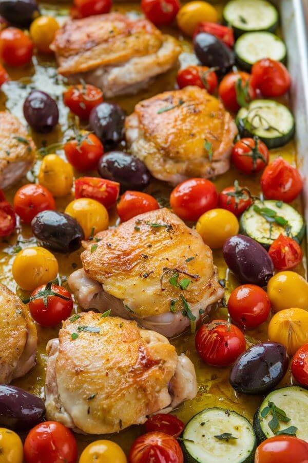 A colorful sheet pan filled with golden-brown chicken thighs nestled among vibrant cherry tomatoes, zucchini slices, and shiny black olives, all glistening with olive oil and sprinkled with herbs. The perfect Mediterranean feast!