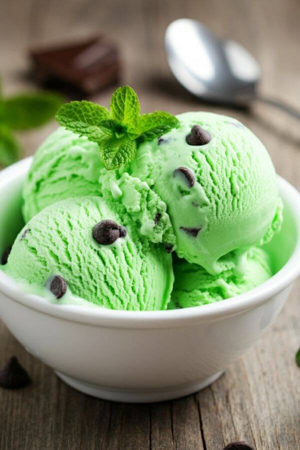 A vibrant green bowl of mint chocolate chip ice cream served in a white dish, garnished with a sprig of fresh mint and scattered dark chocolate chips. The background includes a few fresh mint leaves and a spoon for a cozy, homemade vibe.