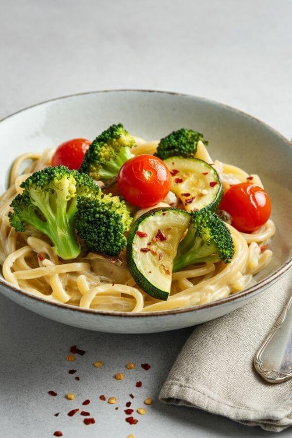 A bowl of creamy miso Alfredo pasta with roasted broccoli, zucchini, and cherry tomatoes, garnished with red pepper flakes, served on a white table with a fork and napkin nearby.