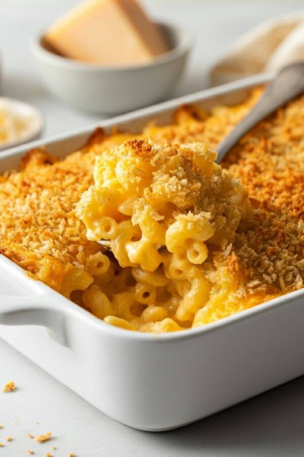 A close-up shot of golden-brown mac and cheese in a white baking dish, topped with crispy breadcrumbs, served on a white table with a small bowl of grated cheese and a sprinkle of breadcrumbs on the side.