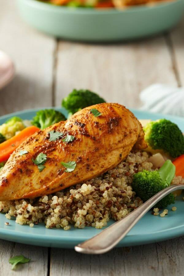 A vibrant plate featuring a golden-brown Moroccan spiced chicken breast resting on a bed of fluffy quinoa. The dish is garnished with fresh herbs and served alongside colorful steamed vegetables on a rustic wooden table.