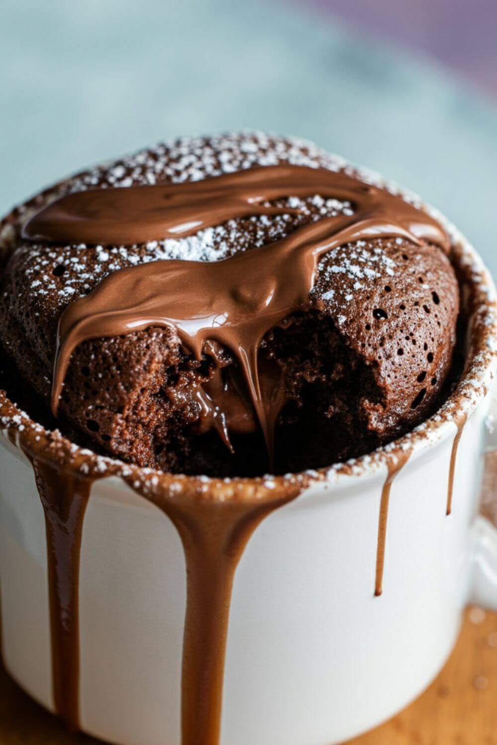 A cozy Nutella mug cake fresh out of the microwave,. The warm cake has a gooey center, with a drizzle of Nutella on top and a dusting of powdered sugar for a perfect finish. 