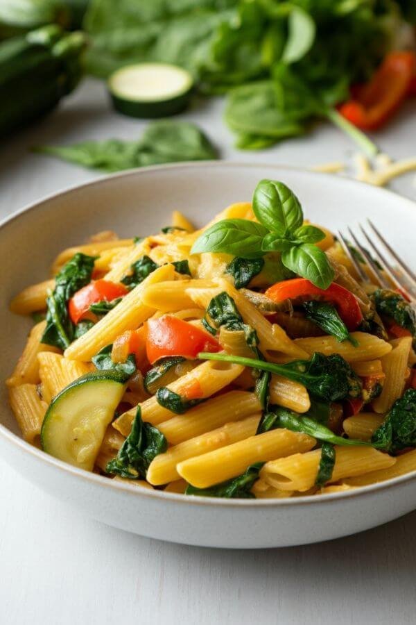 A colorful bowl of one-pot pasta primavera, featuring vibrant green zucchini, red and yellow bell peppers, and wilted spinach, topped with freshly grated Parmesan and a drizzle of olive oil. Background shows a white table with scattered fresh vegetables.