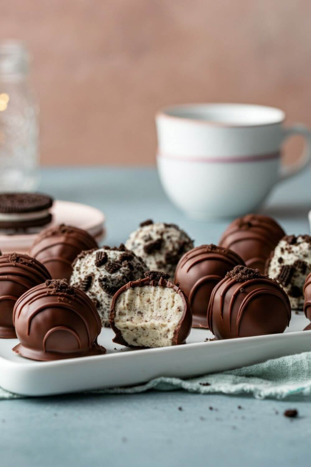 A tray of bite-sized Oreo truffles, perfectly round and coated in glossy chocolate, with a few sprinkled with crushed Oreo crumbs on top. The truffles are displayed on a white plate with a cozy backdrop. 