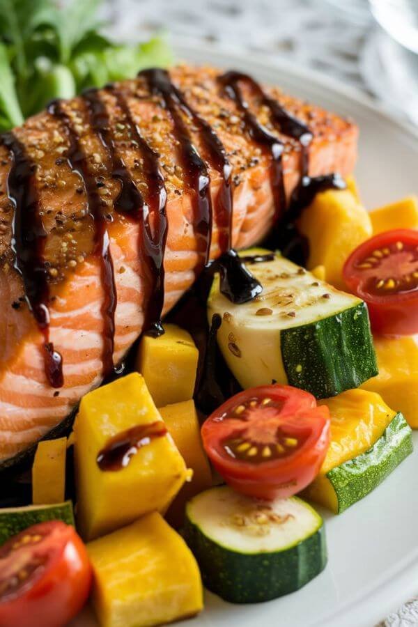 A close up look of beautifully plated dish featuring crispy-skinned salmon next to colorful roasted vegetables (diced yellow sweet potatoes, chopped zucchini, and half cherry tomatoes). A drizzle of balsamic glaze glistens on top, with a white table background.