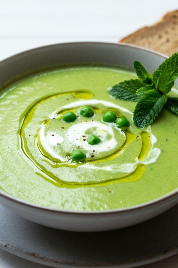 A vibrant green bowl of pea and mint soup, topped with a drizzle of cream and a sprig of fresh mint. Serve alongside a slice of crusty bread on a white table for a cozy yet fresh presentation.