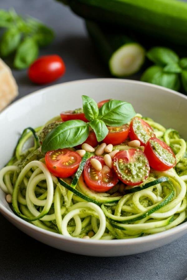 A bowl of vibrant green zucchini noodles coated with creamy pesto, topped with halved cherry tomatoes, a sprinkle of Parmesan cheese, and a few pine nuts. Fresh basil leaves can be added as garnish, with a spiralizer and raw zucchinis visible in the background.