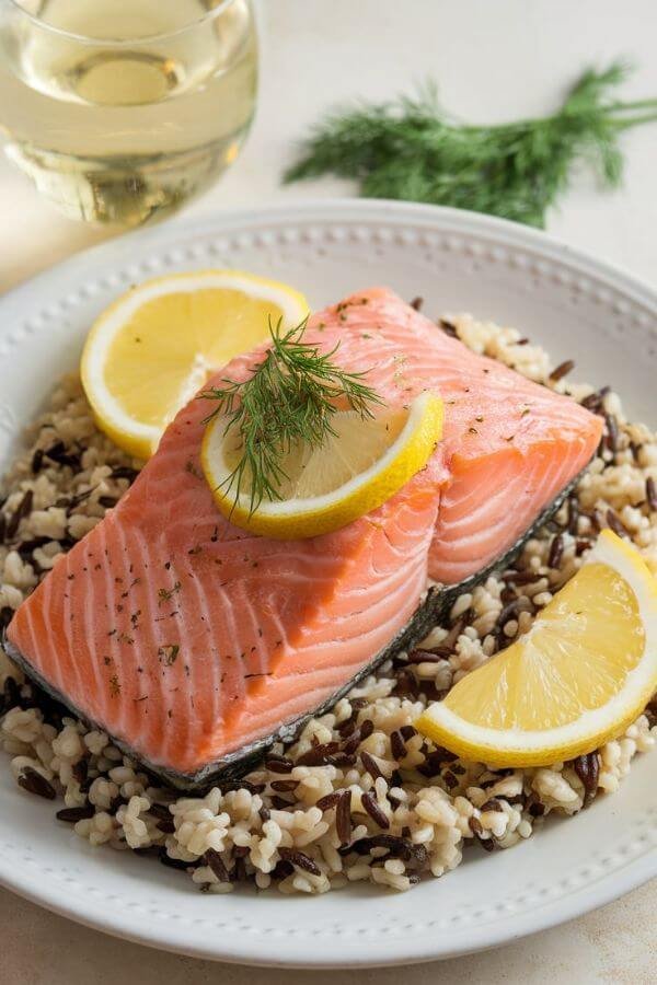 A beautifully plated poached salmon fillet, garnished with fresh dill and lemon slices, served alongside a fluffy bed of wild rice or couscous on a white plate. Include a glass of white wine and a small sprig of dill in the background for an elegant touch.