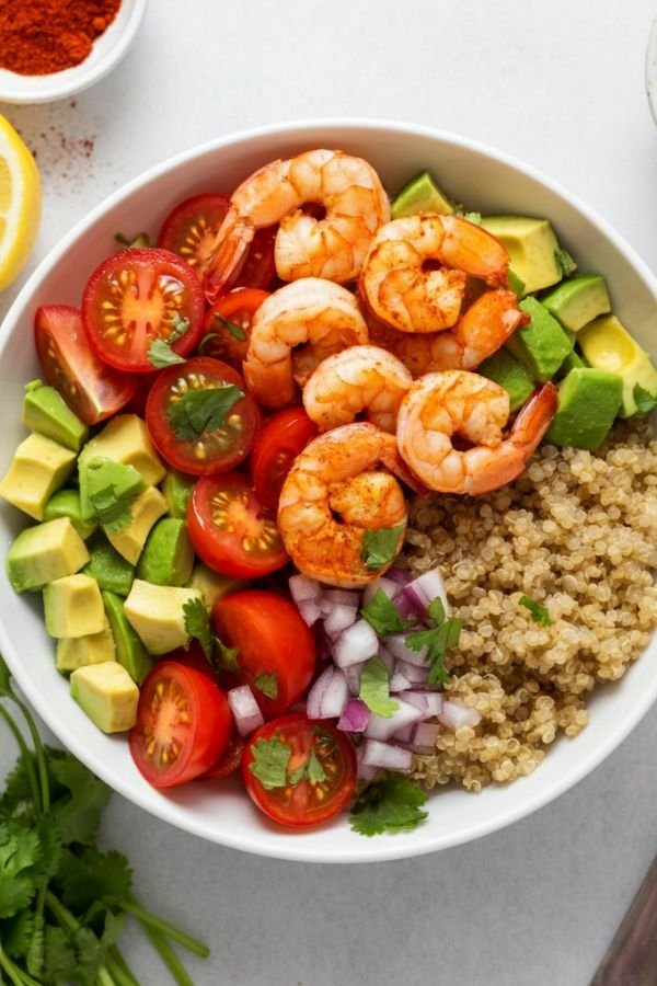 This quinoa shrimp bowl is packed with healthy ingredients, fresh flavors, and high-quality protein! Perfect for a quick weeknight dinner, meal prep, or a nutritious post-workout meal!