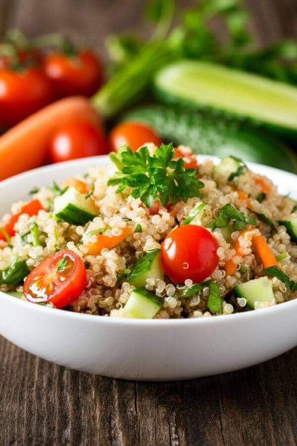 A vibrant and colorful quinoa salad in a white bowl, filled with fluffy quinoa, halved cherry tomatoes, diced cucumber, shredded carrots, and fresh parsley or mint leaves. The ingredients are tossed together and lightly coated with a shiny olive oil and lemon dressing. The bowl is placed on a wooden table with some fresh vegetables (cherry tomatoes, cucumber, carrots) and a small dish of olive oil and lemon wedges arranged around it for a fresh and appetizing look. Soft, natural lighting enhances the bright colors and textures of the dish.