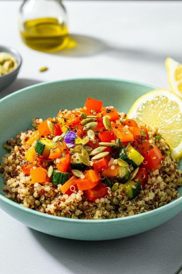 A bright and colorful bowl with fluffy quinoa as the base, topped with vibrant chopped vegetables. The dish is finished with a light drizzle of olive oil and lemon wedges on the side, placed on a white  table with a fork nearby.