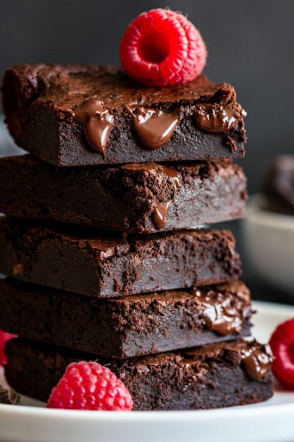 A close-up of a stack of fudgy vegan brownies on a white plate, with chunks of dark chocolate melting on top and fresh raspberries scattered around for garnish.