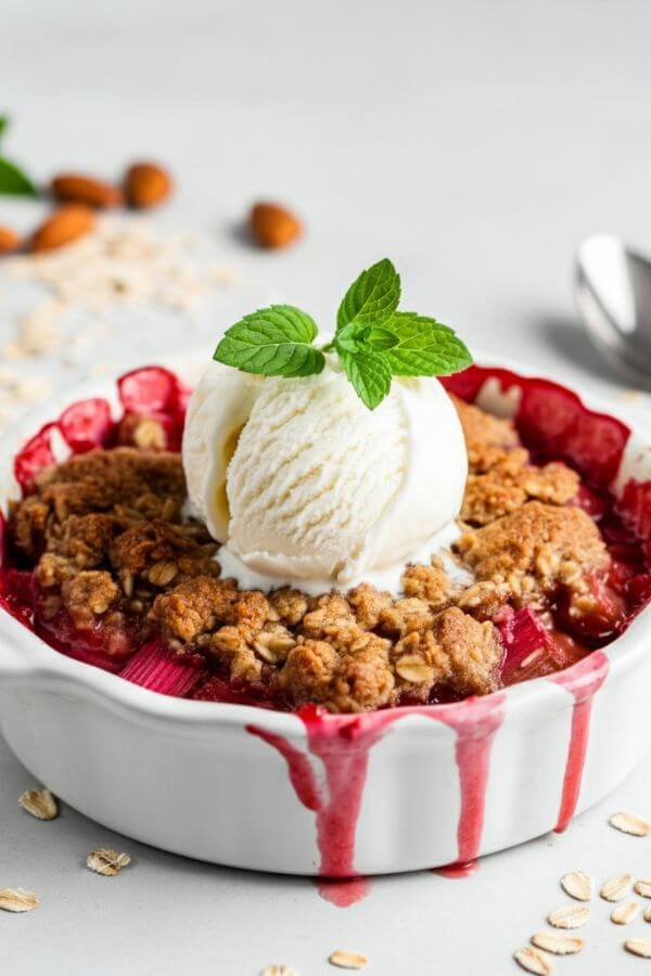 A warm rhubarb almond crumble in a white dish, topped with a golden oat-almond crust. A scoop of melting vanilla ice cream sits on top, with sprigs of fresh mint for garnish. The background features a white table with scattered oats and almonds, giving a cozy, homemade feel.