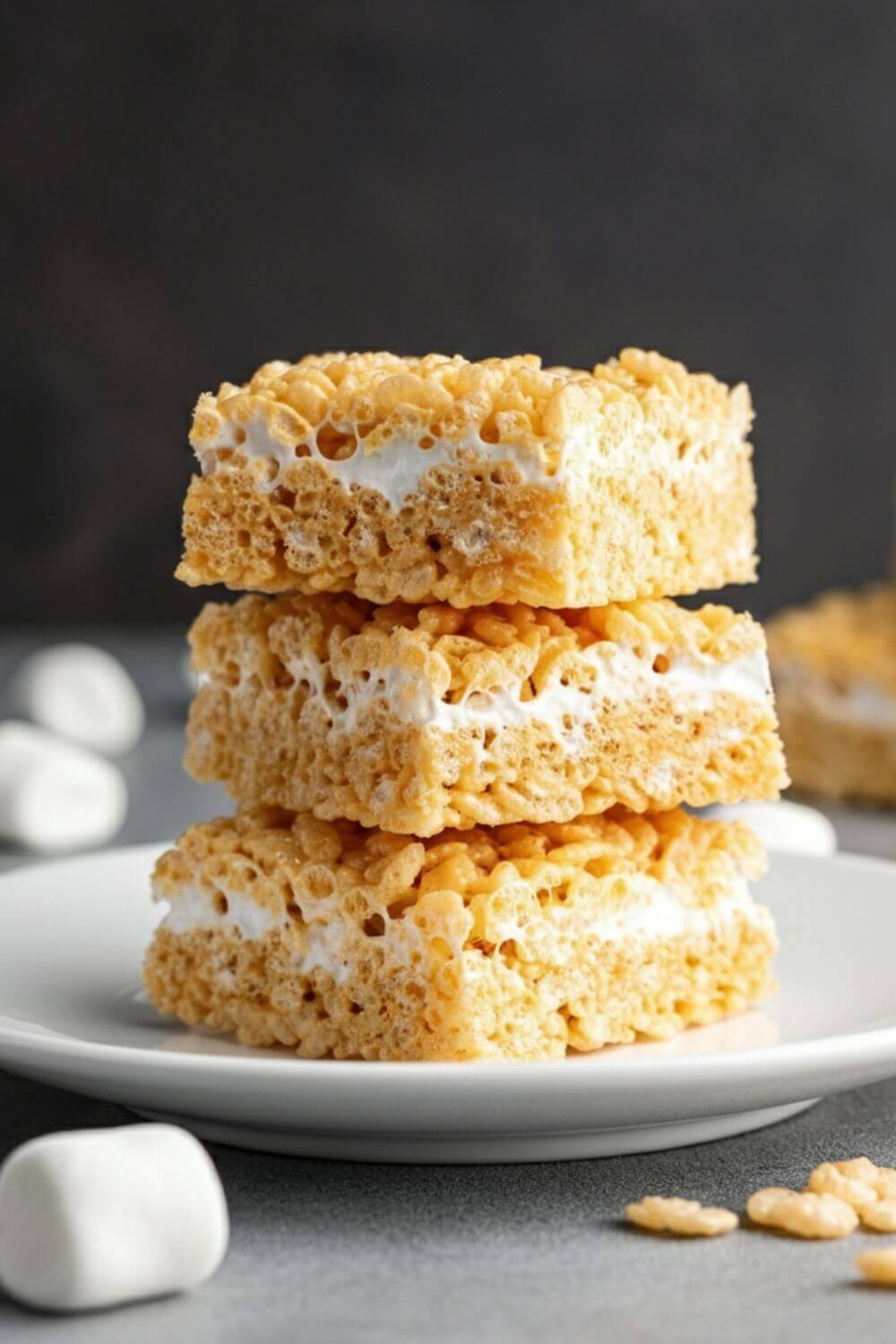 A stack of golden, fluffy Rice Krispie Treats on a white plate, with a few marshmallows and Rice Krispies scattered around for decoration.