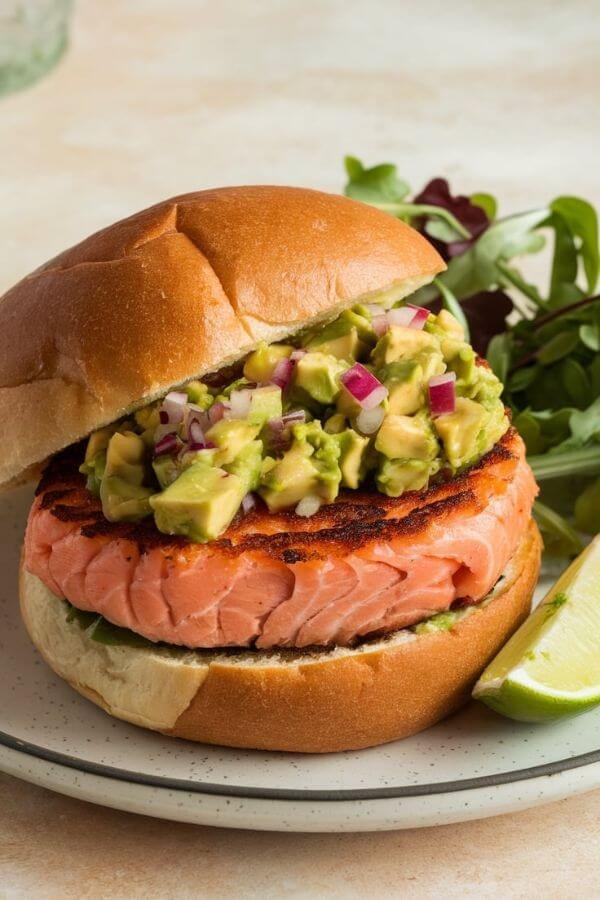 A golden salmon patty on a toasted bun, topped with vibrant avocado salsa, served on a white plate with a lime wedge and a side of fresh greens.