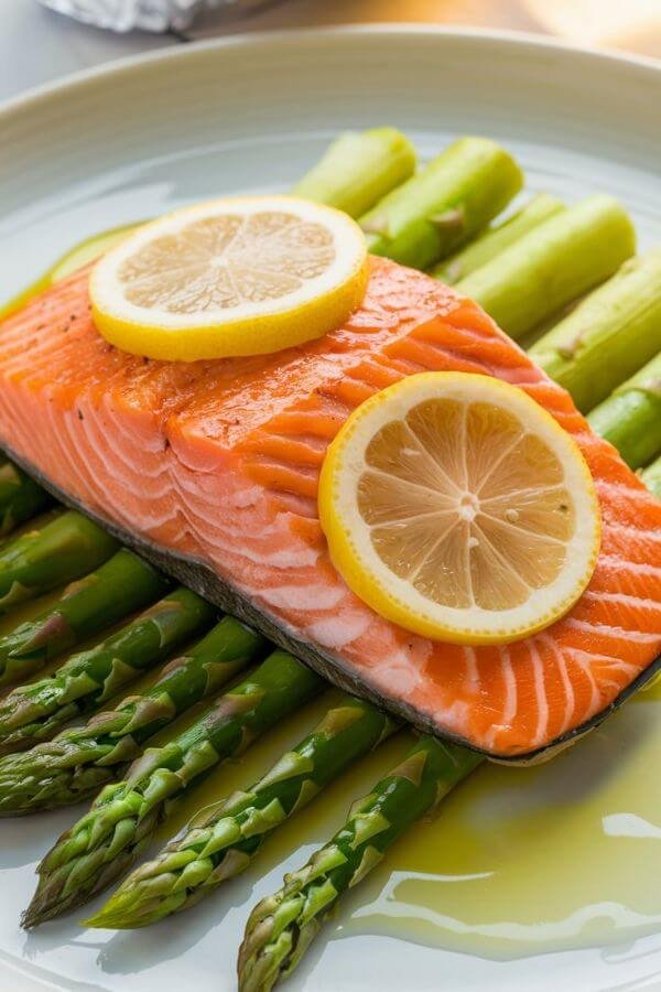 A beautifully plated salmon fillet and bright green asparagus spears, both glistening with olive oil and garnished with fresh lemon slices, served on a clean white plate with the foil packet in the background.