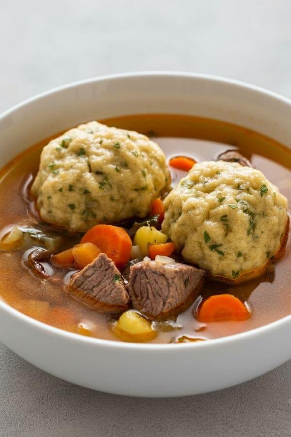 A white bowl of steaming soup or stew with fluffy sourdough dumplings floating on top. The dumplings should look golden and soft, with a hearty broth filled with vegetables or chunks of meat in the background. The setting is light and white tabletop.