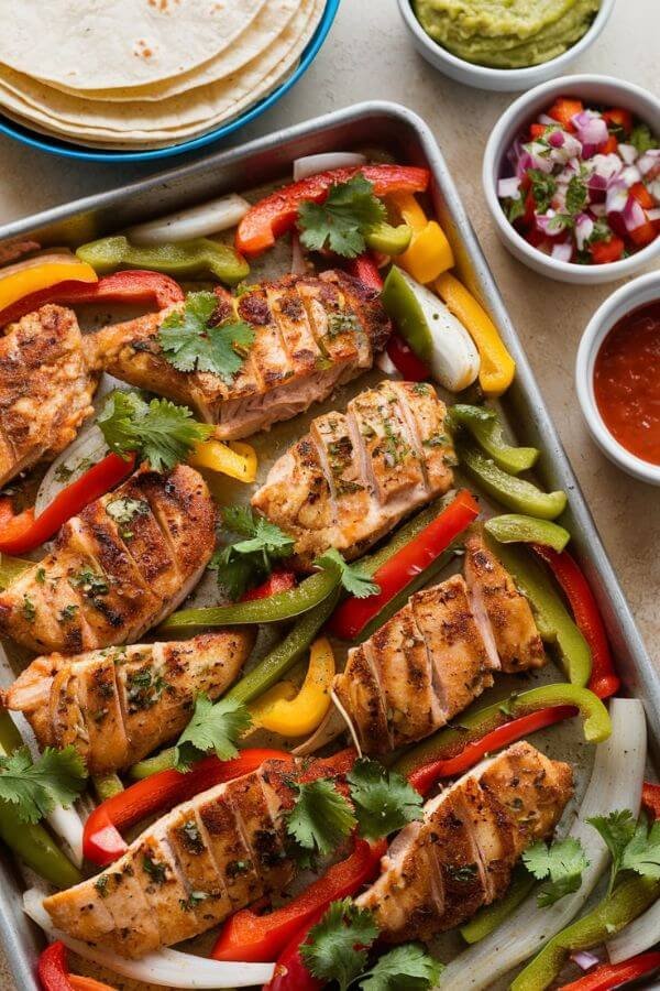 A vibrant photo of a sheet pan filled with perfectly cooked chicken strips, colorful bell peppers, and onions, garnished with fresh cilantro. Beside the pan, a stack of warm tortillas and small bowls of guacamole and salsa add a pop of flavor and color.